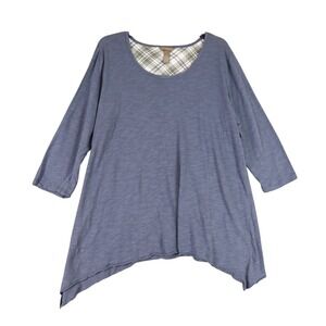 Bit & Bridle Plaid Trim Tunic Top Womens XL Blue 3/4 Sleeve Asymmetrical‎ Hem